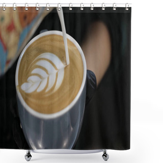 Personality  Barista At Work. The Process Of Making Coffee And Cacao. A Glass Of Foaming Milk. Electric Grinder Grinds Coffee Beans In Filter Holder. Shower Curtains