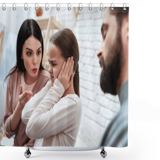 Personality  Young Couple Trying Reaching Out To Small Daughter At Session With Family Psychologist Shower Curtains