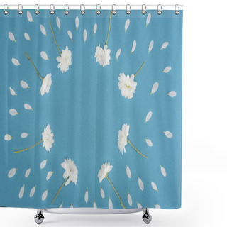 Personality  White Chrysanthemum Flowers Frame Isolated On Blue Shower Curtains