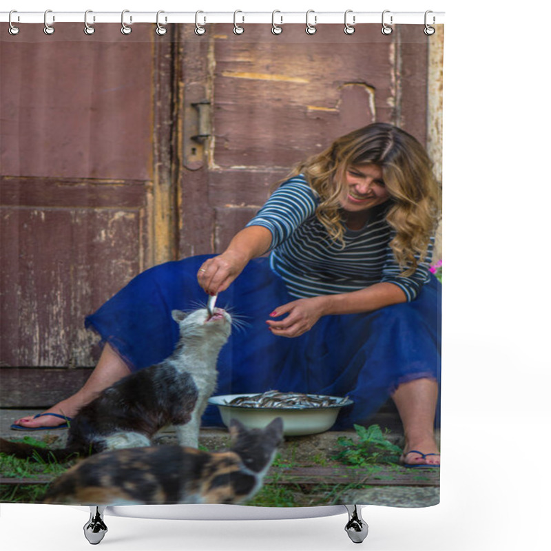 Personality  Woman Feeding Cat With Anchovy In Bowl Outdoors In Countryside Shower Curtains