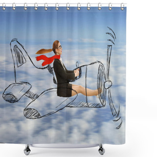 Personality  Aviator Woman With Scarf And Glasses Flying Designed Airplane Shower Curtains