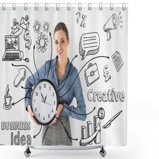 Personality  Smiling Businesswoman Holding Wall Clock In Hands On White With Creative Business Idea Inscription And Hand-drawn Icons Shower Curtains