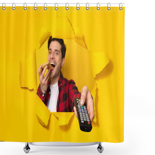 Personality  Man Watching TV, Pointing Remote Controller And Eating Pizza, Posing In Hole Of Torn Yellow Paper Background. Television Programming, Technology And Entertainment. Collage Shower Curtains