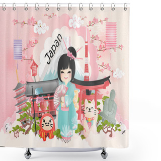 Personality  Travel Postcard, Poster, Tour Advertising Of World Famous Landmarks Of Japan With Fuji Mountain And Japanese People In Kimono Dress In Paper Cut Style. Vector Illustration  Shower Curtains