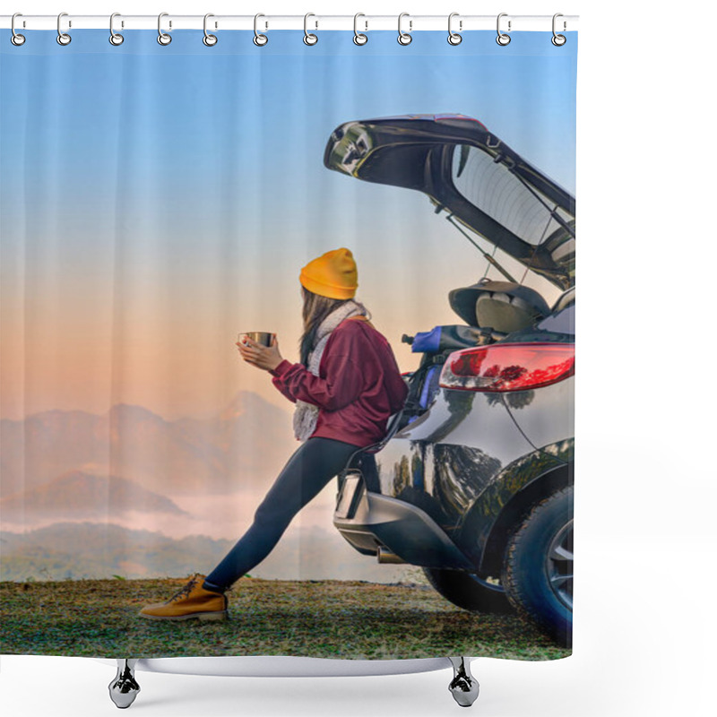 Personality  Woman Traveller Enjoy Coffee Time On Back Storage Of Car With Scenery View Of The Mountain And Mist Morning In Background Shower Curtains