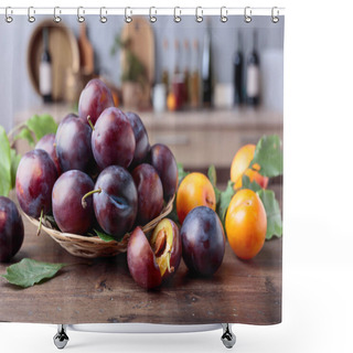 Personality  Ripe Juicy Plums On A Kitchen Table. Shower Curtains
