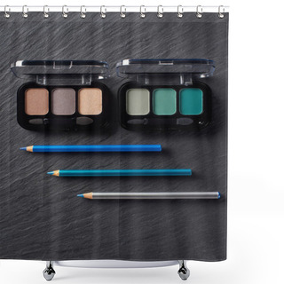 Personality  Eye Shadows Palettes And Blue Eye Pencils On Dark Slate Background Shower Curtains