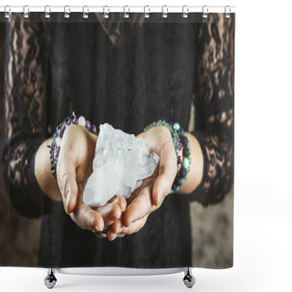 Personality  Healer Woman Holding Pure Quartz Crystal Cluster In Palms Hands. Close Up View, Using Working With Crystals Concept. Shower Curtains