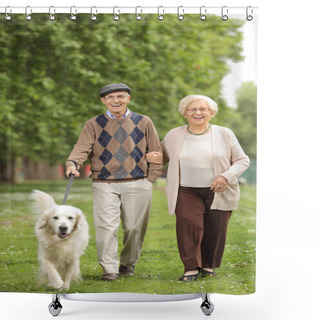 Personality  Senior Couple With A Dog Walking In The Park Shower Curtains