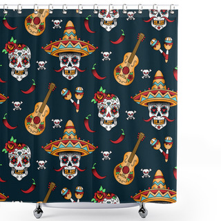 Personality  Mexican Sugar Skulls With Chili Peppers Shower Curtains