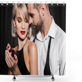 Personality  Handsome Man Hugging Girlfriend With Rose Flower, Isolated On Black Shower Curtains
