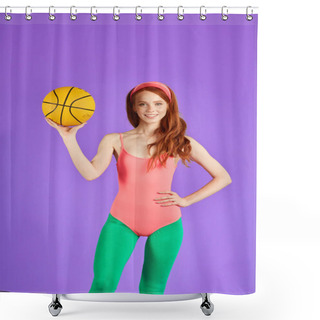 Personality  Female Trainer Holding Orange Ball, Standing Relaxed After Backetball Shower Curtains