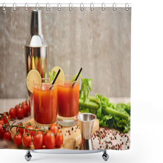 Personality  Bloody Mary Cocktail In Glasses With Straws And Lime On Wooden Board Near Salt, Pepper, Tomatoes And Celery Shower Curtains