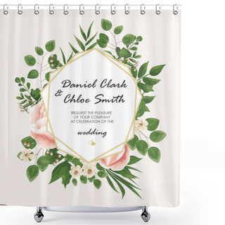 Personality  The Text Background With Flowers Peonies And Jasmine, Branches Of Eucalyptus. Postcard, Business Card Of Florist, Decorator, Wedding Invitation In Pastel Colors. Vector Illustration In Botanical Style Shower Curtains