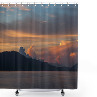 Personality  Hill Silhouette With Dark Water Surface Under Cloudy Sunset Sky Shower Curtains