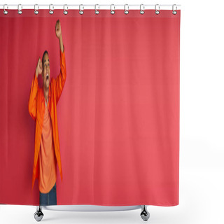 Personality  Cheerful African American Man In Orange Shirt Screaming And Showing Win Gesture On Red Background Shower Curtains