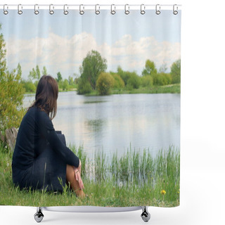 Personality  A Woman Sits Alone And Looks Out Across The River. Shower Curtains