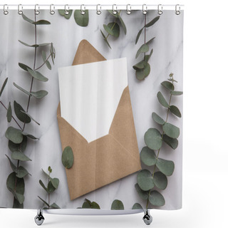 Personality  Blank White Card And Envelope With Eucalyptus Leaves. Blank Invitation. Shower Curtains