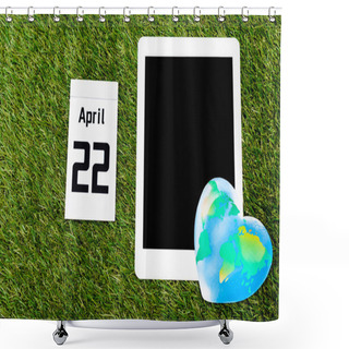 Personality  Top View Of Digital Tablet, Globe And Calendar With 22 April Inscription On Green Background, Earth Day Concept Shower Curtains