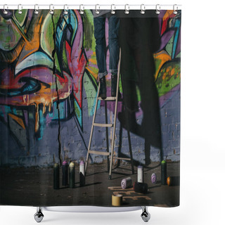 Personality  Cropped View Of Standing On Ladder And Painting Colorful Graffiti At Night Shower Curtains