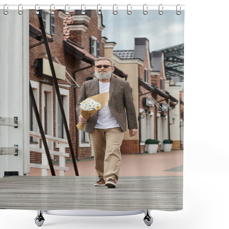 Personality  senior man with beard and sunglasses holding bouquet of flowers, walking on urban street, stylish shower curtains