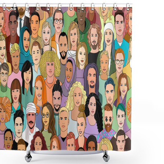 Personality  A Large Set Of Faces Of Young People Of Different Nationalities. Seamless Drawn Creative Pattern. Shower Curtains