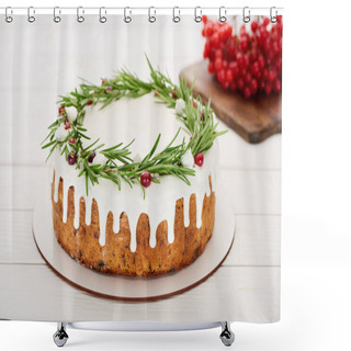 Personality  Christmas Pie With Rosemary And Viburnum Berries On White Wooden Table   Shower Curtains