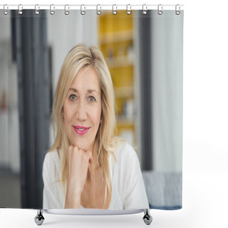 Personality  Attractive Woman Looking Pensively At The Camera Shower Curtains