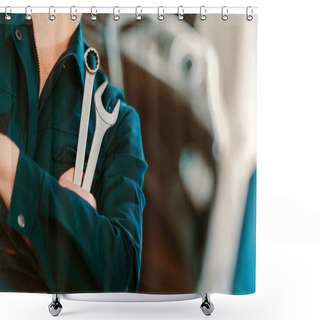 Personality  Cropped Shot Of Auto Mechanic In Overall Holding Wrench And Ring Spanner Shower Curtains