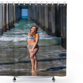 Personality  Breathtaking Woman Basks In Beach Bliss, Near A Pier, Under Clear Blue Skies, Embracing The Serenity Of A Perfect Day By The Sea Shower Curtains