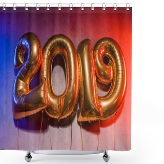 Personality  Golden 2019 Sign Balloons With Blue And Red Light On Grey Shower Curtains