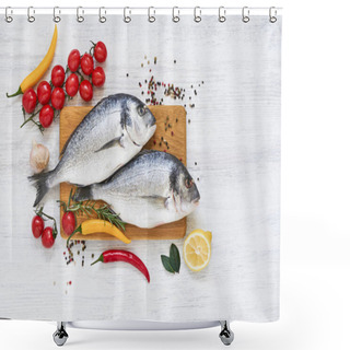 Personality  Two Raw Dorada Fish With Vegetables On Wooden Cutting Board. Healthy Food Concept. Top View, Copy Space. Mediterranean Seafood Concept. Shower Curtains