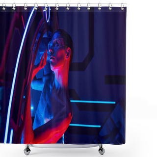 Personality  Scientific Breakthrough, Alien In Goggles Appearing From High-tech Equipment In Science Center Shower Curtains