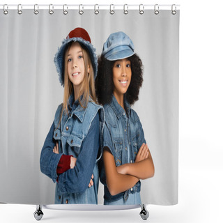 Personality  Cheerful, Trendy Interracial Girls Smiling At Camera While Standing With Crossed Arms On Grey Shower Curtains