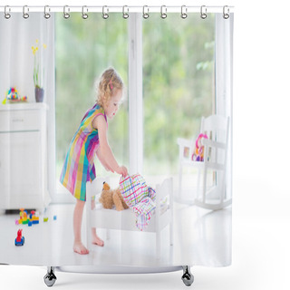 Personality  Toddler Girl Playing With Her Teddy Bear Shower Curtains