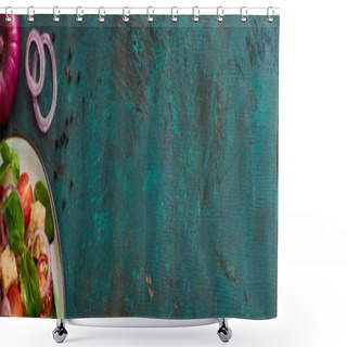 Personality  Top View Of Delicious Italian Vegetable Salad Panzanella Served On Plate On Textured Green Surface With Black Pepper And Red Onion, Panoramic Shot Shower Curtains