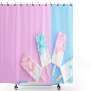 Personality  Homemade Ice Cream Sticks , Popsicle , Ice Pop Or Freezer Pop On Blue And Pink Pastel Colors Background Shower Curtains