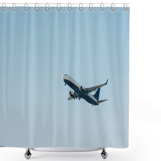 Personality  Low Angle View Of Airplane Departure In Blue Sky With Copy Space Shower Curtains