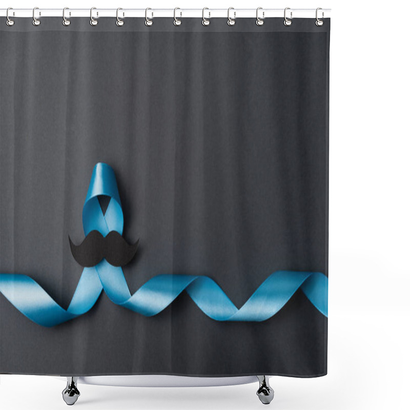 Personality  Symbol For Support Men. Top View On Blue Ribbon With Mustache For Supporting People Living And Illness. Healthcare, International Men, Father And World Cancer Day Concept. Flat Lay, Copy Space Shower Curtains