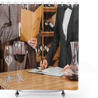 Personality  Cropped Shot Of Wine Steward Writing Notes While Customer Making Order At Wine Store Shower Curtains