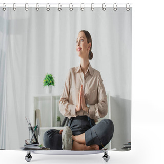 Personality  Happy Businesswoman Meditating In Lotus Pose With Namaste Gesture At Workplace With Buddha Head And Incense Stick Shower Curtains