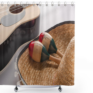 Personality  Close Up View Of Wooden Maracas On Sombrero And Acoustic Guitar On White Background Shower Curtains