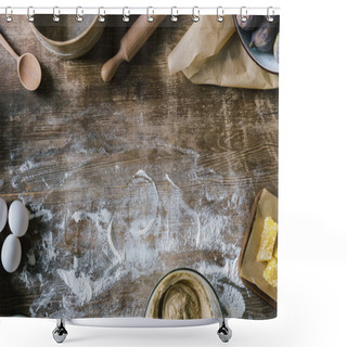 Personality  Top View Of Messy Rustic Wooden Table With Spilled Flour And Baking Ingredients Shower Curtains