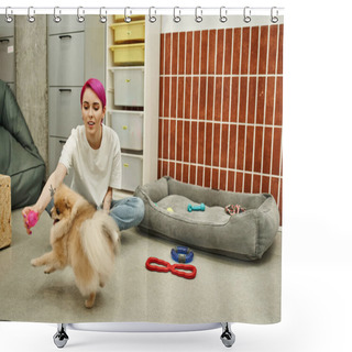 Personality  Pet Hotel Worker Sitting On Floor With Toy And Playing With Loveable Pomeranian Spits, Dog Service Shower Curtains