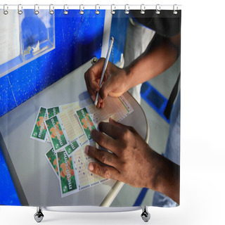 Personality  Salvador, Bahia, Brazil - February 15, 2021: Customers In A Lottery Agency In The City Center Of Salvador Place A Bet On The Accumulated Maga Sena. Shower Curtains