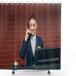 Personality  Young Beautiful Hotel Receptionist Receiving Call At Workplace Shower Curtains