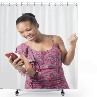 Personality  Young African Woman Excited Over Text Message Shower Curtains