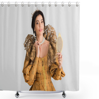 Personality  Queen With Crown Holding Mirror And Looking At Camera Isolated On Grey Shower Curtains