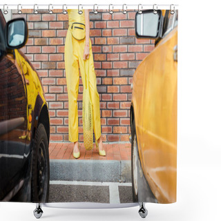 Personality  Cropped Shot Of Woman In Yellow Clothes With Pineapple In String Bag Standing At Parking In Front Of Brick Wall Shower Curtains