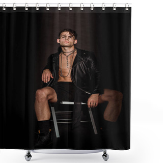 Personality  Brutal Young Man In Leather Jacket Sitting On Black  Shower Curtains